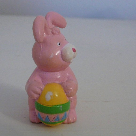 Pink Rubber Easter Bunny Rabbit Figurine Holding Colorful Egg, Cute Ears & Nose - Picture 2 of 5